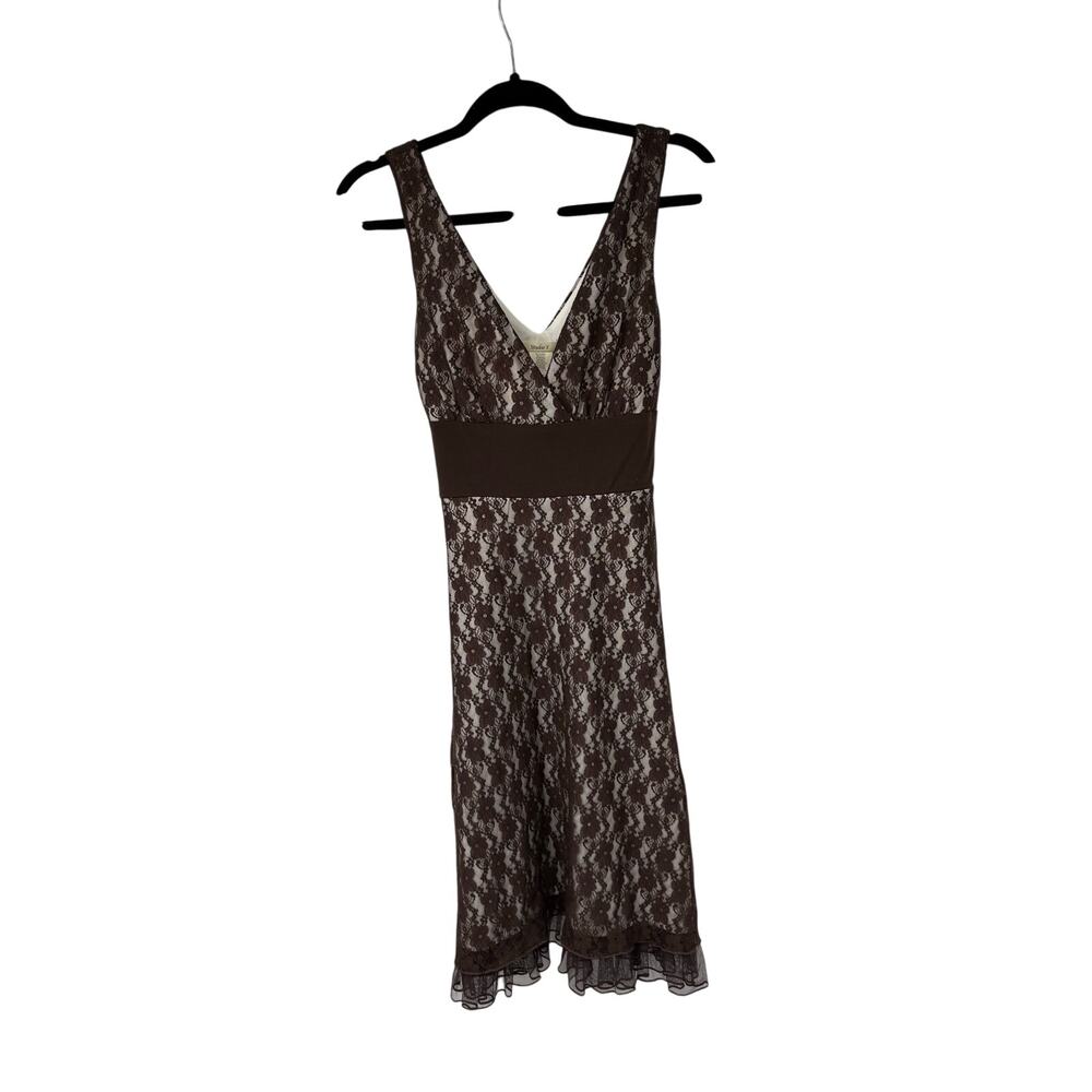 90’s Y2K Brown Cream Lace Overlay Ruffle Hem V Neck Dress Studio Y NWT M Womens